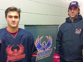 New Soo Thunderbirds forward Parker Morgan (left) with assistant coach Micky Sartoretto. SPECIAL TO SAULT THIS WEEK