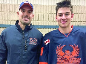 New Soo Thunderbirds assistant coach Aidan Wright (left) with recently signed rookie defenceman Kaden Dundas. SPECIAL TO SAULT THIS WEEK