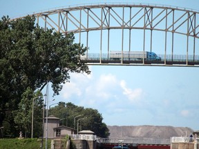 A northbound transport crosses the International Bridge. BRIAN KELLY