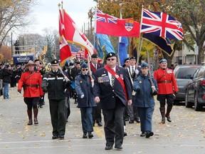 The parade from Veterans Park back to the Royal Canadian Legion Branch 62 in Sarnia is pictured on Remembrance Day in 2016. This year's parade and cenotaph service will not be happening amid COVID-19, Legion officials said.