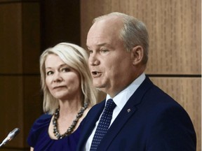 Conservative Leader Erin OÕToole introduced his Deputy Leader Candice Bergen as they held a a press conference on Parliament Hill in Ottawa Wednesday, Sept. 2. SEAN KILPATRICK/THE CANADIAN PRESS