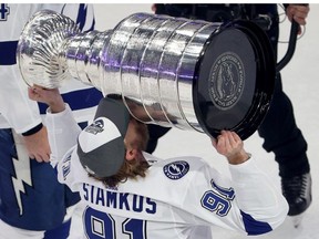 Steven Stamkos #91 of the Tampa Bay Lightning skates with the Stanley Cup following the series-winning victory over the Dallas Stars in Game Six of the 2020 NHL Stanley Cup Final at Rogers Place on September 28, 2020 in Edmonton, Alberta, Canada. (Photo by Bruce Bennett/Getty Images)