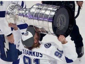 Steven Stamkos #91 of the Tampa Bay Lightning skates with the Stanley Cup following the series-winning victory over the Dallas Stars in Game Six of the 2020 NHL Stanley Cup Final at Rogers Place on September 28, 2020 in Edmonton, Alberta, Canada. (Photo by Bruce Bennett/Getty Images)