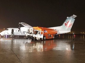 Fifteen people were injured when a Jazz passenger plane and a fuel truck collided on the runway of Pearson International Airport, early on May 10, 2019. The flight was headed to Sudbury but turned back because of heavy rain here. PHOTO BY TRANSPORTATION SAFETY BOARD