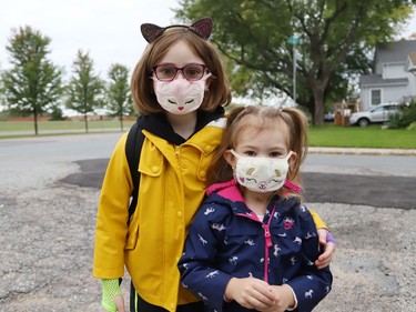 Olivia Ferris, 8, and her sister, Ruby, 3, attended their first day of classes at Walden Public School in Lively, Ont. on Tuesday September 8, 2020. John Lappa/Sudbury Star/Postmedia Network