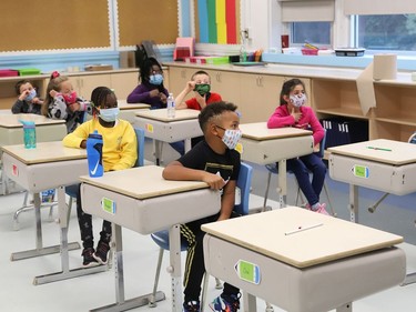 Teacher Christine Laplante teaches a Grade 2-3 class at the first day of school at Ecole St-Joseph in Sudbury, Ont. on Tuesday September 8, 2020. John Lappa/Sudbury Star/Postmedia Network