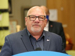 Greater Sudbury Mayor Brian Bigger makes a point during a provincial announcement of $14.75 million in additional funding to increase access to mental health and addictions services across Ontario at a media conference at the Northern Initiative for Social Action in Sudbury, Ont. on Thursday September 10, 2020.