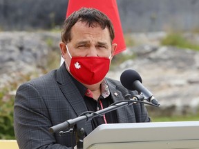 Nickel Belt MP Marc Serre makes a point at a $1.4 million funding announcement at Dynamic Earth in Sudbury, Ont. on Thursday September 10, 2020.