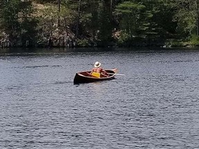 The late Tim Dodd goes for a paddle on Panache Lake. His family is raising funds for defibrillating equipment after the retiree experienced a heart attack at camp and was unable to recover. Supplied