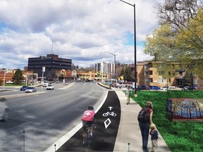 A curb-separated cycling track, measuring 1.5 metres in width, is planned for Paris Street and Notre Dame Avenue, including this stretch of Paris approaching downtown. City of Greater Sudbury illustration