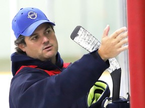 Vagelli Sakellaris, head coach of the Rayside-Balfour Canadians, goes over a drill at a skills and development camp in Lively, Ont. on Wednesday September 16, 2020. John Lappa/Sudbury Star/Postmedia Network