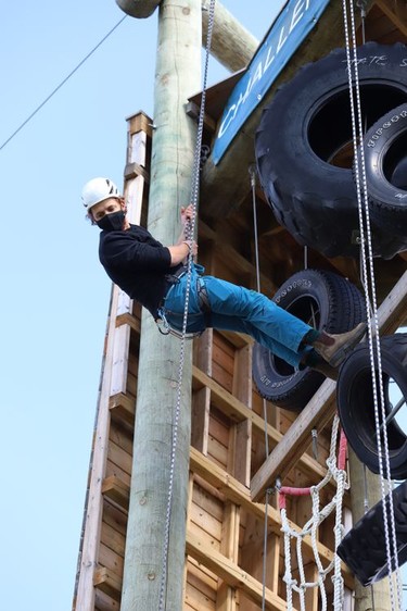 Fourth-year student Ben Kovala takes part in a climbing rescue course on the challenge tower at Laurentian University in Sudbury, Ont. on Friday September 18, 2020. Students in the Outdoor Adventure Leadership program participated in the course. John Lappa/Sudbury Star/Postmedia Network