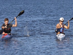 Lucas Gilpin, left, and Evan Volpini train at the Northern Water Sports Centre in Sudbury, Ont. on Tuesday September 22, 2020.