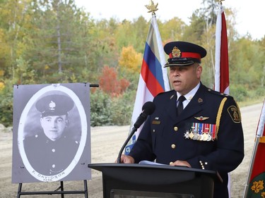 Greater Sudbury Police Insp. John Valtonen takes part in the Sgt. Frederick Davidson memorial bridge dedication ceremony on Wanup Pit Road near Highway 69 South on Thursday September 24, 2020. Davidson was killed in the line of duty in 1937 after being shot multiple times. John Lappa/Sudbury Star/Postmedia Network