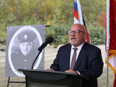Greater Sudbury Mayor Brian Bigger participates in the Sgt. Frederick Davidson memorial bridge dedication ceremony on Wanup Pit Road near Highway 69 South on Thursday September 24, 2020. Davidson was killed in the line of duty in 1937 after being shot multiple times. John Lappa/Sudbury Star/Postmedia Network