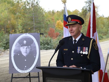 Greater Sudbury Police Chief Paul Pedersen takes part in the Sgt. Frederick Davidson memorial bridge dedication ceremony on Wanup Pit Road near Highway 69 South on Thursday September 24, 2020. Davidson was killed in the line of duty in 1937 after being shot multiple times. John Lappa/Sudbury Star/Postmedia Network