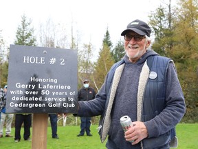 Gerry Laferriere, of Cedar Green Golf Club, was honoured at a ceremony for more than 50 years of dedicated service to the golf course in Garson, Ont. on Thursday September 24, 2020. Hole number two was named in his honour.