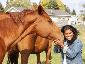 Kris Sookhoo, of KD Farm and Feed in Chelmsford, Ont., visits with Money the horse. Sookhoo and her partner, Dave Berthelot, board horses on their farm. read more about the farm in The Sudbury Star next week.