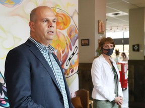 Sudbury MPP Jamie West, left, and Nickel Belt MPP France Gelinas held a press conference in Sudbury, Ont. on Friday September 25, 2020 to highlight the Save Main Street campaign.