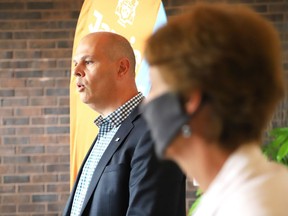 Sudbury MPP Jamie West, back, and Nickel Belt MPP France Gelinas held a press conference in Sudbury, Ont. on Friday September 25, 2020 to highlight the Save Main Street campaign.