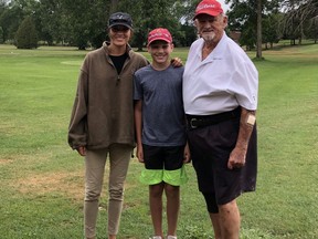 Kathryn Corbiere, Noah Thorpe (middle) and Mickey McKinny. Thorpe, 12, is growing up on the nine-hole Brookwood Brae Golf Course in Mindemoya. Supplied