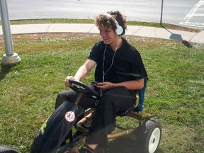 Griffin Whorley has been getting creative with his school transportation to and from St. Charles College this week. The Grade 10 student's bus has been cancelled since the onset of school so he has been riding his bike daily. When the bike suffered a flat this week and required a shop tune-up – the choice was either to walk or find a new alternative. Griffin began pedaling his go-kart to school. He dusted it off in the shed earlier this week. It was an old gift from his grandpa from when he was about 5. He parks it and locks it at the bike lock-up which is a sight to see. And not to worry – Griffin does wear a helmet, these pictures were just quick poses before he set off for home after a hard day's work. Supplied photo