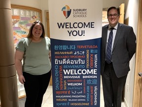 Student trustee Rosaria Nero (left) stands with chair of the board, Michael Bellmore. She is a Grade 12 student at St. Benedict Catholic Secondary School who  has actively participated within her school community from the beginning of her secondary experience with the Sudbury Catholic District School Board. Supplied photo