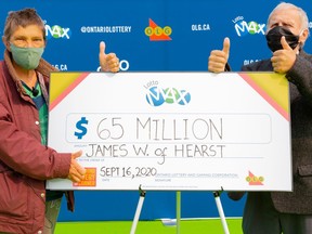 James Wickman, right, and his wife Eerikka of Hearst drove to Toronto with family to collect a $65-million prize cheque. James won the jackpot from the Tuesday, Sept. 8 LOTTO MAX draw.

Supplied