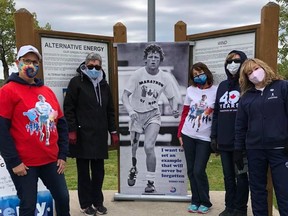 Timmins Terry Fox Committee members, Lorraine Laiho, from left, Rhonda Latendresse, Cathy Davis, Karmela Briggs and Sue LoRegio, were at Gillies Lake on Sunday to sell Terry Fox T-shirts and collect donations while keeping the Marathon of Hope alive in the community. 

Supplied