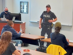 Timmins Police Traffic Section Const. Darren McGaghran was invited this week to address a class of students enrolled in the Police Foundations program at Northern College in Timmins. McGaghran's talk covered a wide range of topics from basic traffic enforcement strategies to intensive collision reconstruction. Northern College – Police Foundations Program Coordinator and former Timmins Police officer Rick Lemieux facilitated the presentation.

Supplied