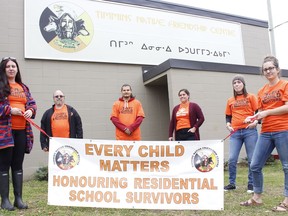 Members with the Timmins Native Friendship Centre, Jaylin Renaud, from left, Pierre Belec, Nathan Naveau, Meagan McClister, Caitlyn Kaltwasser, and Ashley Bourgon, are all set for the upcoming Orange Shirt Day on Wednesday, Sept. 30. These members will be walking in small groups to maintain social distancing amid the COVID-19 pandemic at Gillies Lake in honour of residential school survivors. They are encouraging other organizations in the community to walk in their areas in a small group and post some pictures and videos on social media. 

RICHA BHOSALE/The Daily Press