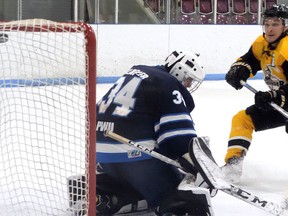 Tillsonburg Thunder's Mike Rebry goes top shelf to score short-handed against Saugeen Shores in a game last season. The 2020-21 WOAA senior men's hockey season has been cancelled. (Chris Abbott/Tillsonburg News)