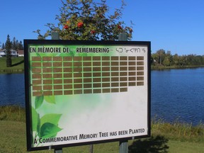 Commemorative plaques are placed on the large board on the south side of Lake Commando. These patrons have sponsored a tree. TP.JPG