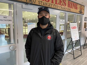 A masked Kenora Thistles head coach Scott Parsons stands outside Thistle Arena following the final day of training camp on Sunday, Sept. 27. The Miner and News was not allowed to take pictures from a suitable angle due to COVID-19 restrictions.