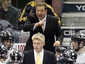 Owen Sound native Bob Hamley (top) pictured in 2008 as a the head coach of the Edmonton Rush in action against the San Jose Stealth in National Lacrosse League play at Rexall Place. Hamley was recently named the general manager and vice president of lacrosse operations for Fort Worth, the NLL's latest expansion squad. Photo by Larry Wong/Edmonton Journal.