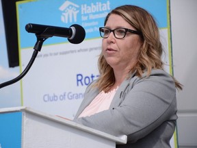 Grande Prairie MLA Tracy Allard speaks during a celebration for a Habitat for Humanity project in the Northridge neighbourhood of Grande Prairie, Alta. on Thursday, Aug. 6, 2020.