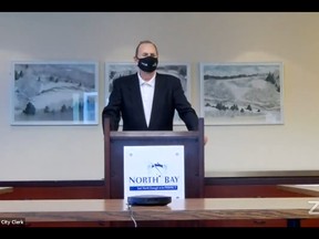 George Maroosis is sworn in to North Bay council during a virtual meeting, Monday. Screenshot