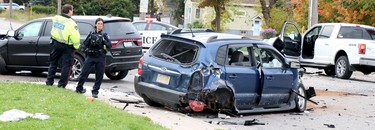 Three-vehicle crash on Second Line West, near Korah Road, on Saturday, Oct. 3, 2020 in Sault Ste. Marie, Ont. (BRIAN KELLY/THE SAULT STAR/POSTMEDIA NETWORK)