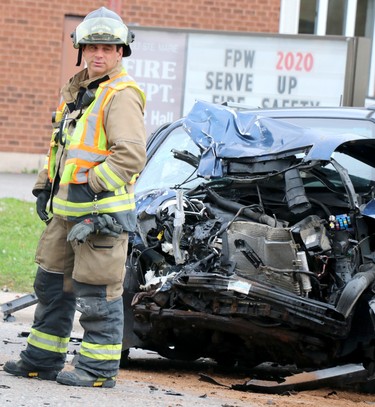 Three-vehicle crash on Second Line West, near Korah Road, on Saturday, Oct. 3, 2020 in Sault Ste. Marie, Ont. The collision happened in front of Sault Ste. Marie Fire Services No. 2 hall. (BRIAN KELLY/THE SAULT STAR/POSTMEDIA NETWORK)