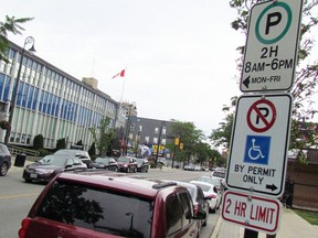 Christina Street, looking north from near the Sarnia Library in 2018. A new pilot program will let people pay their parking ticket fines in gifts and gift cards for kids in need this Dec. 1-15. (Observer file photo)