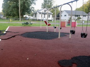 Less than a month after being spray-painted by vandals, the Kinsmen Park in Simcoe has been targeted again. The damage, that was discovered on Oct. 1, was done to the safety flooring under a set of swings, and a nearby bench was destroyed. Anyone with information is asked to contact police at 1-888-310-1122. (ASHLEY TAYLOR)