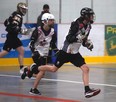Left to right: Josh Jasper-Needham and Joshua Rowland hustle down the rink at a Grande Prairie Thrashers Midget  practice at the Crosslink Country Sportsplex in 2019. The Grande Prairie Lacrosse Association applied for a Jr. B  franchise in the Rocky Mountain Lacrosse League for 2021 but withdrew the application due to age-related changes brought on by the COVID-19 pandemic. They will apply for a junior franchise next year.