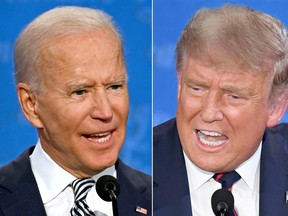 This combination of pictures shows Democratic Presidential candidate and former US Vice President Joe Biden (L) and US President Donald Trump speaking during the first presidential debate at the Case Western Reserve University and Cleveland Clinic in Cleveland, Ohio on Sept. 29. JIM WATSON,SAUL LOEB/AFP via Getty Images
