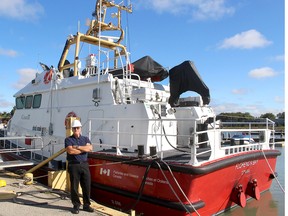 Stephen Ingram, president of Hike Metal Products, stands by the fourth Bay Class Search and Rescue vessel the Wheatley company has built for the Canadian Coast Guard. On Monday, a crew began a 10-day journey to deliver the vessel to Dartmouth, Nova Scotia. Ellwood Shreve/Postmedia Network