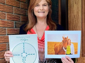 Sharon Campbell-Rayment displays a Malachi's Circle of Hope labyrinth and photo of her beloved horse. Handout