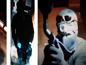 The Ontario Provincial Police is asking for the public’s help in identifying a pair of suspects seen shooting paintballs at a surveillance camera before attempting to break into a Caisse Alliance ATM in Field. Ontario Provincial Police photo