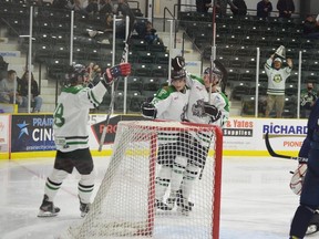 The Terriers celebrate a goal in their preseason win over Dauphin. (Photo by Heather Jordan)