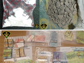Two people are facing several drug related charges after the OPP executed a search warrant at a Renfrew home and seized cocaine (top left), suspected fentanyl powder (top right) and $22,000 in cash (bottom).