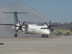 A Porter Airlines plane lands at Sault Ste. Marie Airport prior to the pandemic. Porter has remained grounded and has not resumed any of its three daily flights here. Sault Star file photo