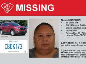 OPP are seeking the public's help in finding Nicole Morrison, 46, last seen in Ingersoll on Tuesday, Oct. 6, 2020. (OPP)